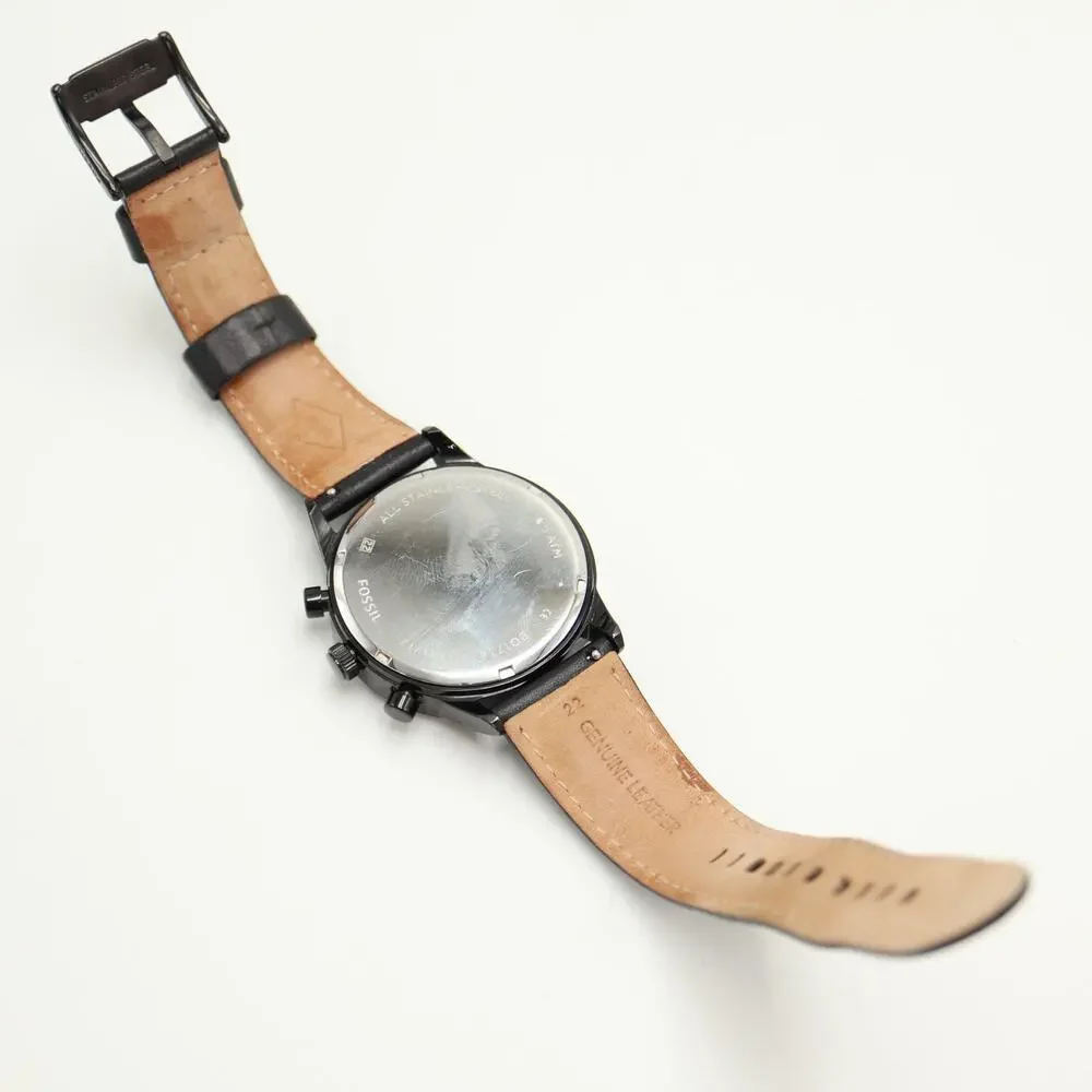 Fossil Neutra Black Stealth 43mm Chronograph Watch Leather BQ1734 w New Battery